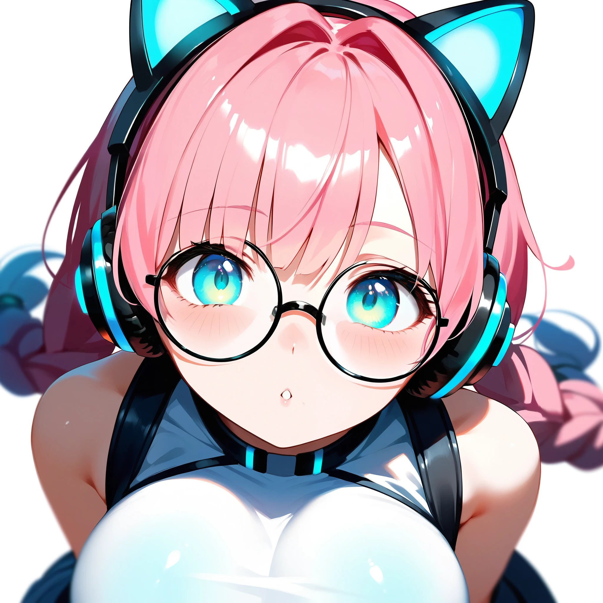 rating:general, (best quality:1.2), (ultra-detailed:1.2), (2.5D:1.2), (Anime Moe Art Style), 1girl , pink hair, Cyan eyes, gradient eyes, twin braids, blue Glowing cat ear headphones, black round glasses, large breasts , from above, white background
