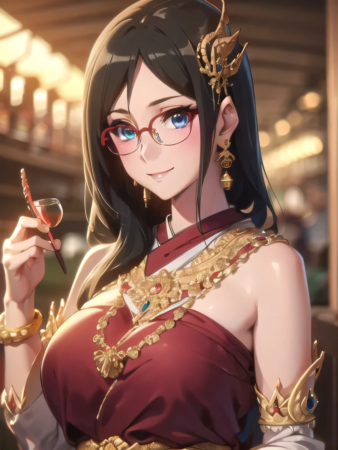 best quality, Masterpiece, high resolution, alone, {Thanaka_Asuka_euphonium sound:1.15}   black_hair, long_hair, glasses, light blue_eyes, Blush, red frame_glasses, Seraph, beyond the edge_glasses, semi borderless_glasses, hair_between_eyes, 1 woman,  looking at_viewer, smile,  ((Thai princess:1.3)),(Gorgeous thai costumes with complicated details,Gorgeous dress,Gorgeous gold jewelry, complicated details,luxury jewelry accessories,gorgeous edge, complicated details,Various gems:1.2),((Thai Buddhist Temple))