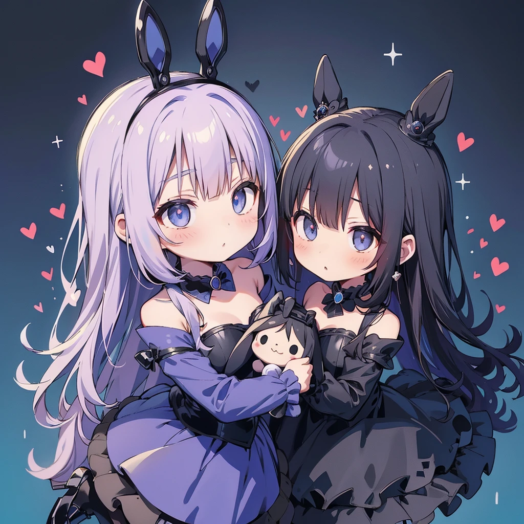 Attractive face、Chibi、royal blue background、Black clothes、Long sleeves with flared cuffs、Shoulders are exposed、One piece flare skirt、Rabbit with stuffed toy、 black and royal blue palette、Gothic Shoes、Positive、Black Rose、🌙、 Perfect Anatomy、heart、