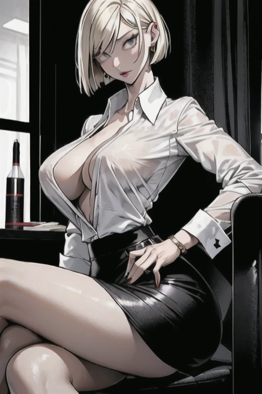 (masterpiece, best quality), 1lady, milf (((black business jacket, close clothes), white collared shirt, black tight skirt) ), cropped top, (underboob:1.15), high heels, blonde bob cut, big breasts in office, hands in pocket, (from front:1.2), looking at viewer, sit
