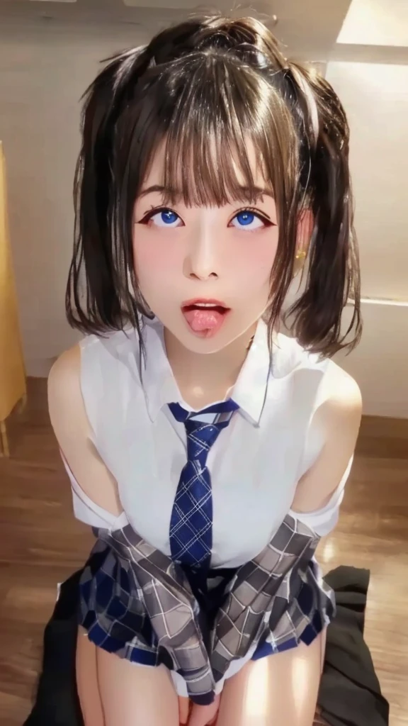  A girl wearing a tie and shirt is sitting on the floor, a hyperRealistic school girl, hyperRealistic school girl, hyper Realistic Anime, Real life anime girls, Cute realistic portrait, photoRealistic Anime, Realistic school girl, Realistic Anime, Ahegao face, Ahegao,  REALISTIC YOUNG ANIME GIRL , Stunning Anime Face Portraits,  cute girl ， Woman Covered With Semen，Ahe Face 