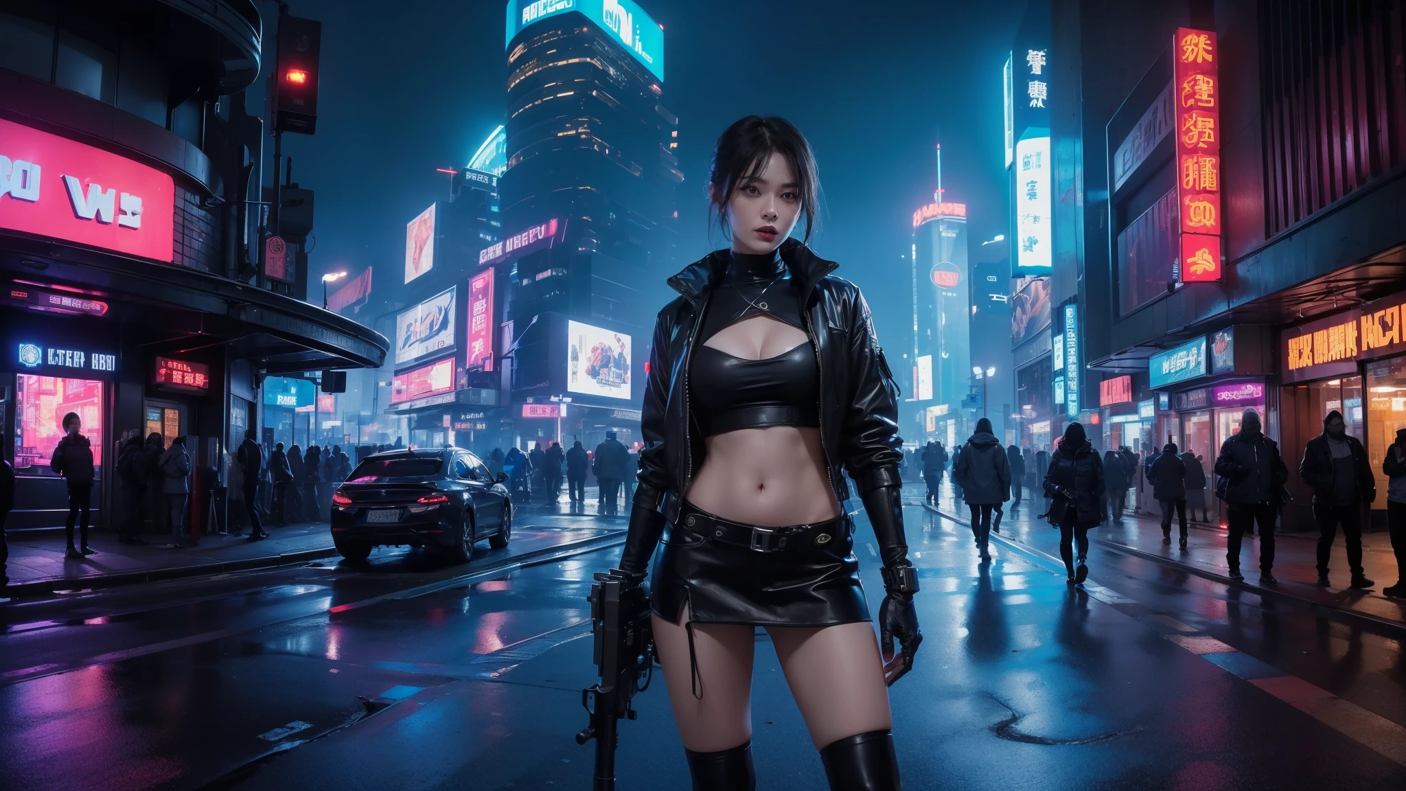 (Wide angle view). Blade Runner style futuristic city, simple outlined neon buildings, glowing giant clock tower, flying cars, lightning, 3D rendering Beeple. At night, (1girl, solo, alone), photorealistic, medium-breast slim:0.6 body, oval:0.5 face, cleavage:1.1, sexy black laced bra, deep-V, (low angle view of miniskirt), white laced panty, coat, (Matrix style black micro sunglasses), ((aiming viewer with a short gun)), (slightly leaning forward running pose), (half-body thigh level close-up shot), cinematic lighting, ray tracing.