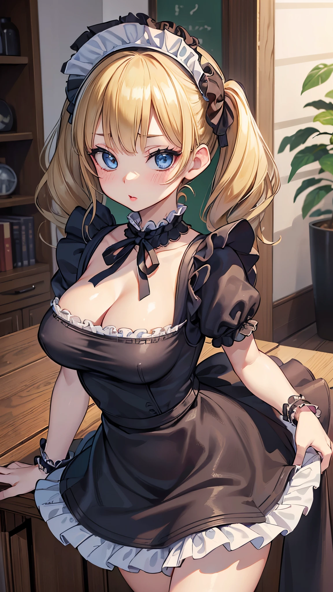 perfect photo (masterpiece, ultra-detailed), (ultra high res:1.5), (sharp focus), (insanely detailed), (perfect anatomy), super fine illustration, 1girl, light brown hair, crown braid, long hair, classical Maid, maid headdress, (bra lift:1.3),  , small cleavage