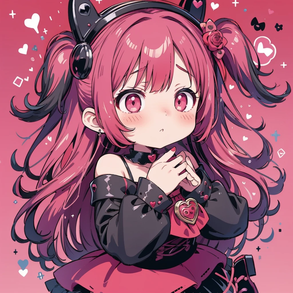 Attractive face、Chibi、red pink background 、Black clothes、Long sleeves with flared cuffs、Shoulders are exposed、One piece flare skirt、Rabbit with stuffed toy、 black and red pink palette、Gothic Shoes、Positive、Black Rose、🌙、 Perfect Anatomy、heart、