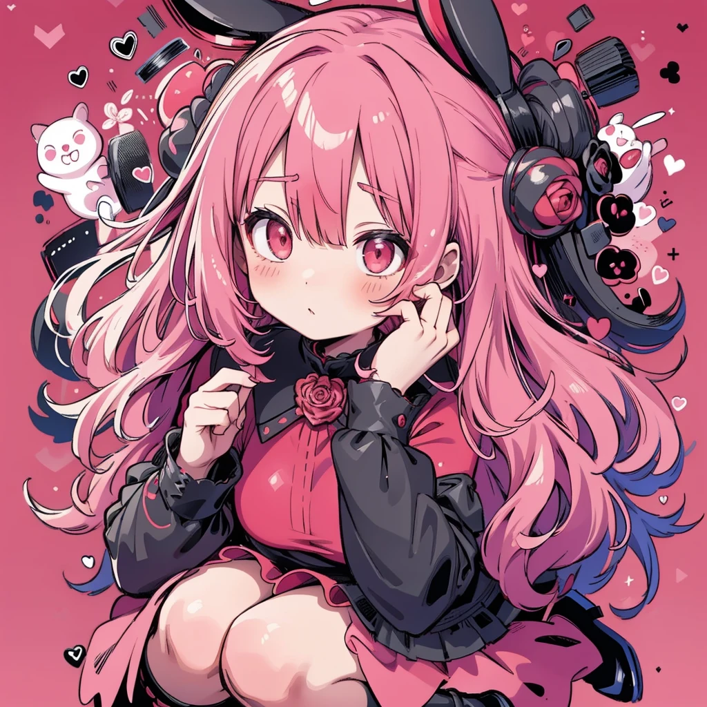 Attractive face、Chibi、red pink background 、Black clothes、Long sleeves with flared cuffs、Shoulders are exposed、One piece flare skirt、Rabbit with stuffed toy、 black and red pink palette、Gothic Shoes、Positive、Black Rose、🌙、 Perfect Anatomy、heart、