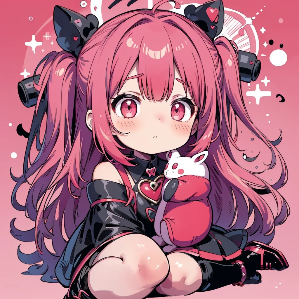 Attractive face、Chibi、red pink background 、Black clothes、Long sleeves with flared cuffs、Shoulders are exposed、One piece flare skirt、Rabbit with stuffed toy、 black and red pink palette、Gothic Shoes、Positive、Black Rose、🌙、 Perfect Anatomy、heart、