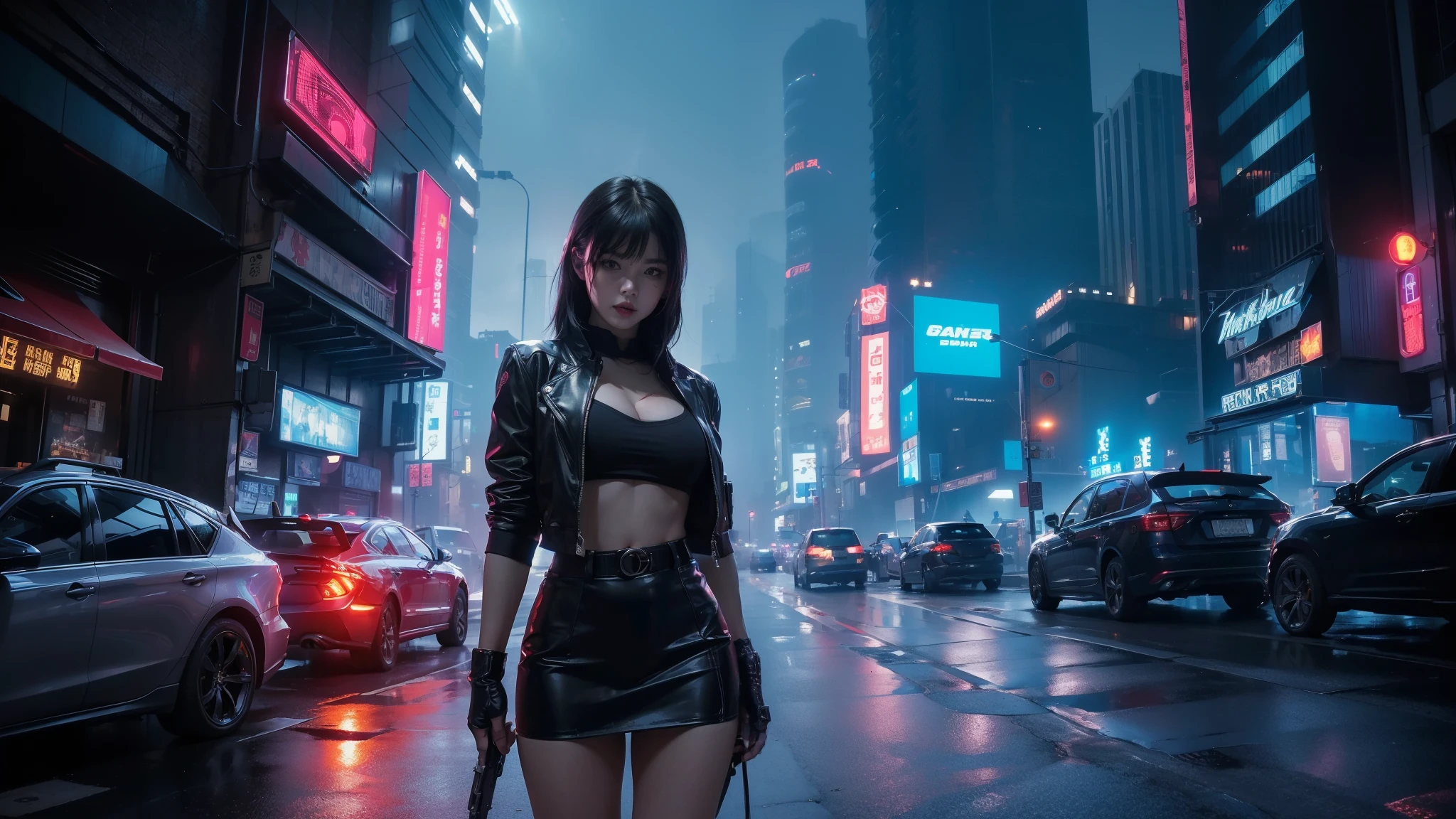 A beautiful woman with medium hair, wearing a cap and dressed in short clothes in the style of cyberpunk. Her suntanned skin contrasts the vibrant colors of her outfit. She has an impeccable anatomy, portraying strength and elegance. The evening sky is covered with clouds, creating a dramatic backdrop. Behind her stands a futuristic neon city, with tall buildings illuminating the scene with neon lights. The wet asphalt reflects the colorful lights, adding depth and realism to the image. The overall lighting creates a captivating atmosphere, enhancing the cyberpunk aesthetic.
