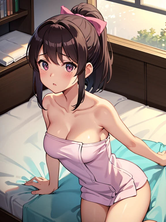 Show your whole body(1 girl, Alone) (Fumika Kodama) medium hair, ponytail,Pink Ribbon,Spread your legs in bed,Big Breasts,Cleavage,Wrap a towel around your body,White bath towel