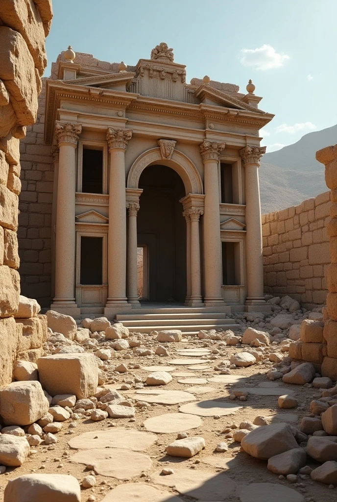  a close up of a small building with lots of rubble  ,   an environmental occlusion rendered by Aleksander Gierymski,  polycounting contest winner , Digital Art,  ruined temple ,  ruins of the ancient city , ancient temple ruins , temple ruins , post apocalyptic ancient ruins, ancient ruins, ruined architecture,  the background is the ruins ,  ancient Persian temple dungeon , pre-rendered