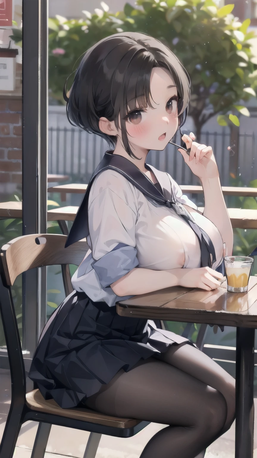 in restaurant, table, ice cream, cookie, candy, milk, restaurant, high resolution, 8k, masterpiece, best quality, 1girl, curl brown hair, Short Bob, mature female, High school girl,  girl,Sailor suit, Micro Mini Skirt、Black Pantyhose,Black Loafers、blush、Embarrassing、in trouble、 bare breasts, large breasts, huge breasts, breasts on table, breast rest, elbows on table, elbow rest, chin rest, open mouth、Embarrassing、Embarrassed、Shy laugh、Exposing the breasts、Bare your breasts、Nipples