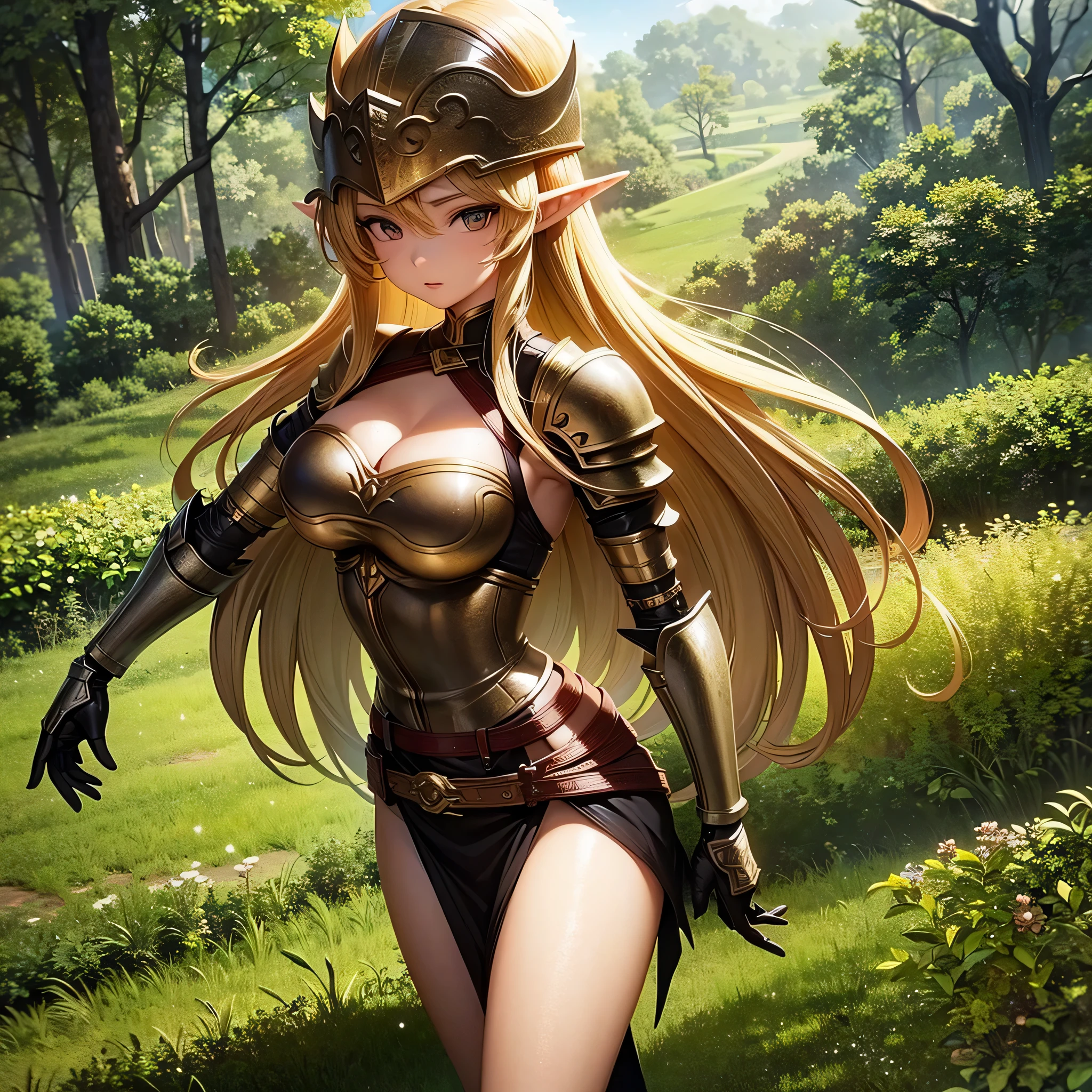 Female Knight、beautiful girl、Huge 、Excellent style、Nice body、glamorous、Black leotard、armor、bra chest armor、Knee Boots、Gauntlet、hair ornaments、Brown long hair、Ahoge、Deep in the forest、I could see the whole body、Scared、Scared、stop、Are standing、Legs slightly open、Cowboy Shot、alone、Anna of Arendelle、Being attacked by monsters、