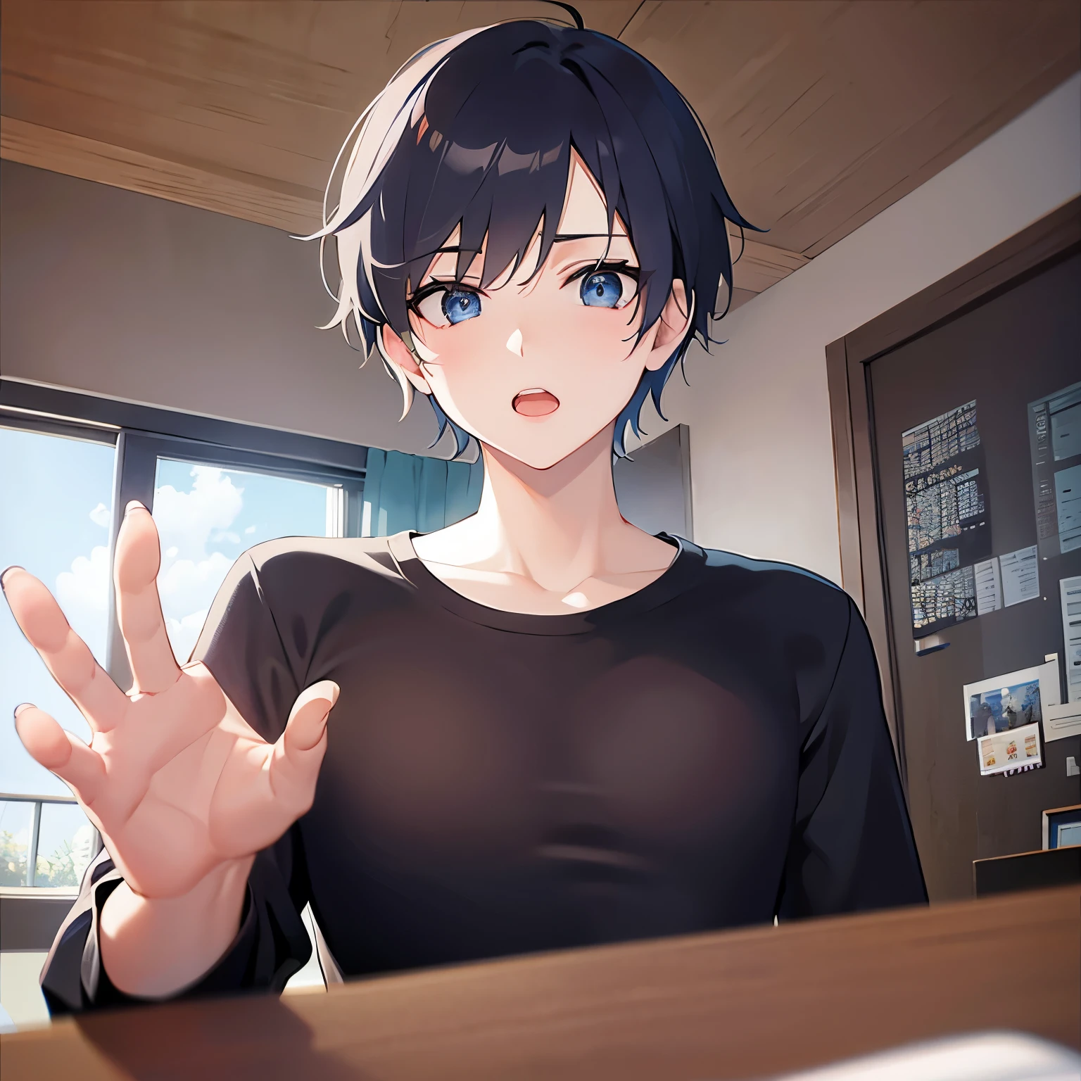 (waving hand:1.2), masterpiece、high quality、(25 year old man with short brown hair and blue eyes:1.5), wearing a white T-shirt、(Alone:1.5)、sad smile, (Only the upper body is visible.:1.3)、be in the living room、bold composition、