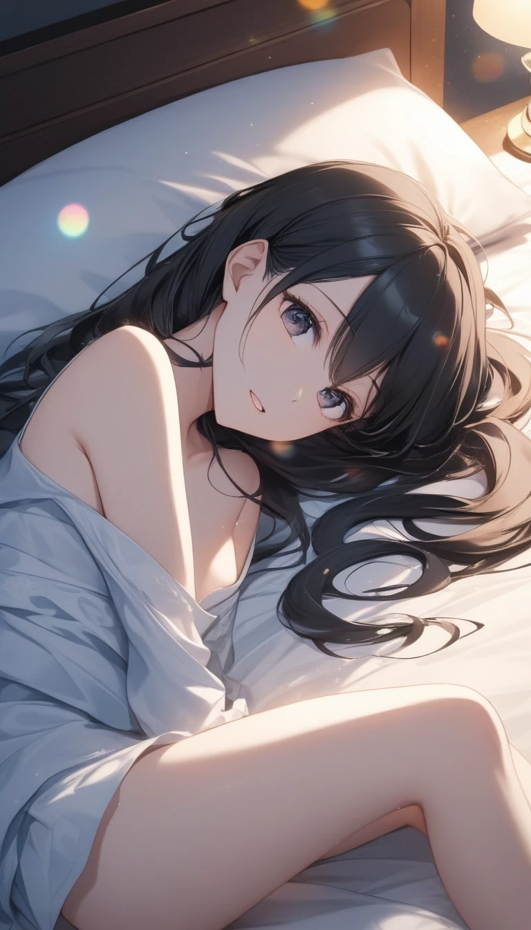 One,Cute  girl,Young face、Slim figure、Thin legs、８Head to Body、((Light black hair color 、Inner color hairstyle),((A man lies on his back on a bed in obscene clothes that makes him excited)))、Beautiful Hair, Facial Contour, Remember、illumination、Splash,  lens flare,Natural Color,  High Resolution , Very delicate,  very detailed, 8k,Shyness、Slightly swollen breasts、Bed at home、((Sexual))、Dimly lit room、Close-up angle、Angle of view from above 、Embarrassing M-shaped leg opening