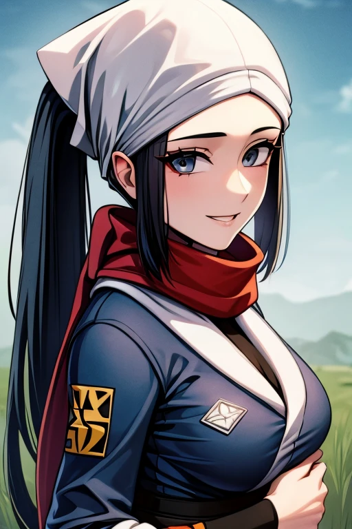 (master piece), (best quality), (8k), (ultra high resolution), (highest quality), (anime style), (best writing), (beautiful face), (masterpiece), (highest quality), (detailed beautiful face and eyes), (textile shading), (upper body), (grassland), akari \(pokemon\), 1girl, long hair, looking at viewer, skirt, black hair, jacket, ponytail, pantyhose, sidelocks, socks, scarf, grey eyes, sash, eyelashes, white headwear, red scarf, grey jacket, logo, head scarf, loose socks, galaxy expedition team survey corps uniform, beautiful breasts, smile, hand in own hair, from side,,