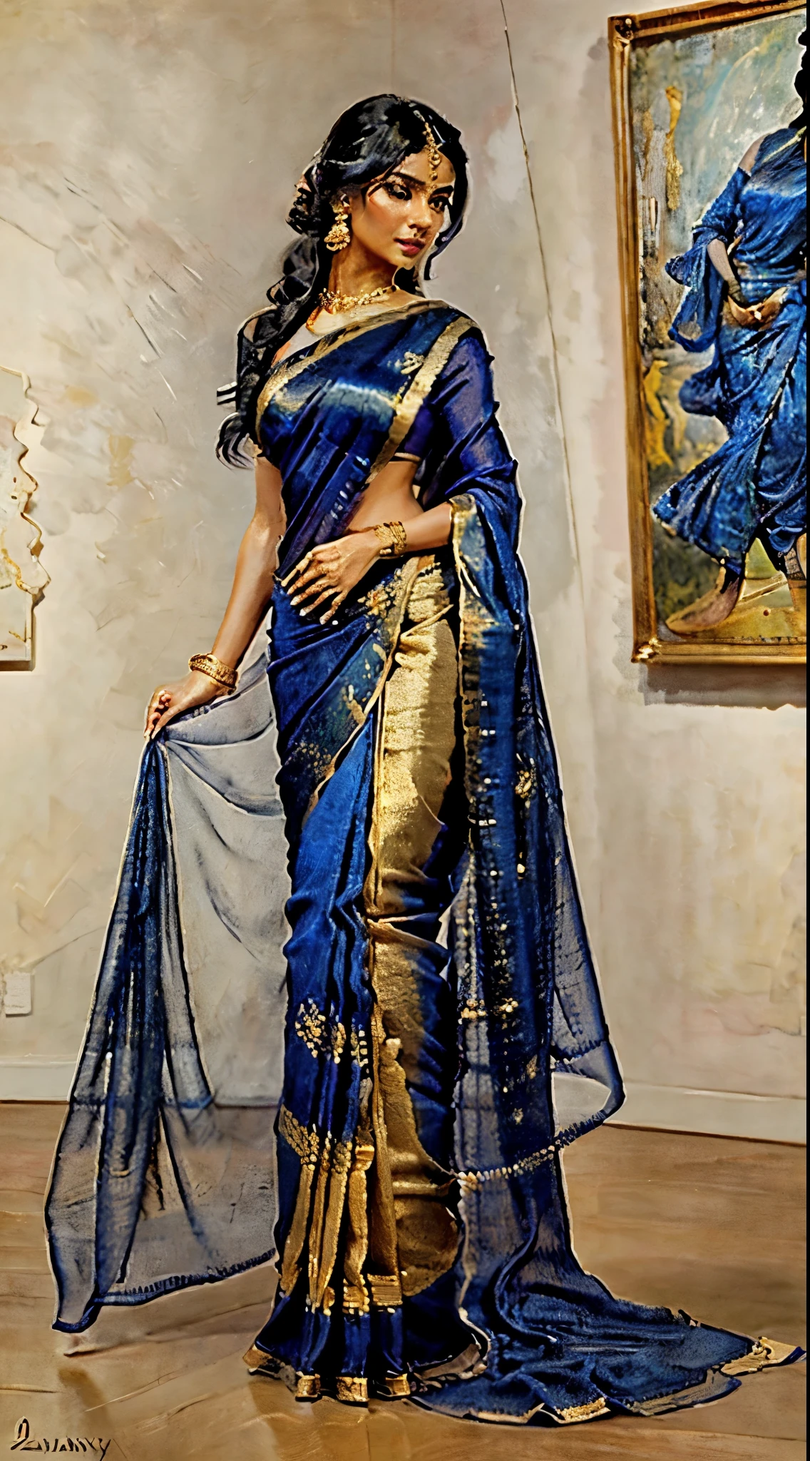 A stylized realistic illustration, best quality, full body portrait in the style of James Gurney, showcasing an elegant Indian woman with (warm brown skin:1.2), (kind eyes:1.2), and (sleek black hair:1.3) styled in a classic bun. She wears a (sapphire blue silk saree:1.4) with (intricate gold zari work:1.3) that shimmers as she moves. The saree drapes gracefully around her, accentuating her figure and creating a sense of fluid movement. She stands confidently, slightly off-center, in a (modern art gallery:1.5), surrounded by abstract paintings and sculptures. The lighting is soft and diffused, reminiscent of Gurney's portraits, highlighting the richness of the saree's color and the intricate details of the zari work. The linework is smooth and flowing, with a subtle suggestion of brushstrokes, capturing the elegance and grace of the subject. The overall mood is one of sophisticated beauty, confidence, and timeless elegance. Keywords: Indian woman, warm brown skin, kind eyes, sleek black hair, classic bun, sapphire blue silk saree, intricate gold zari work, fluid movement, modern art gallery, abstract paintings, sculptures, soft diffused lighting, smooth linework, sophisticated beauty, confidence, timeless elegance, full body portrait. Art styles: James Gurney, Art Deco, Impressionism Additional parameters: --ar 3:2 --zoom 1.8 --style expressive --lighting soft