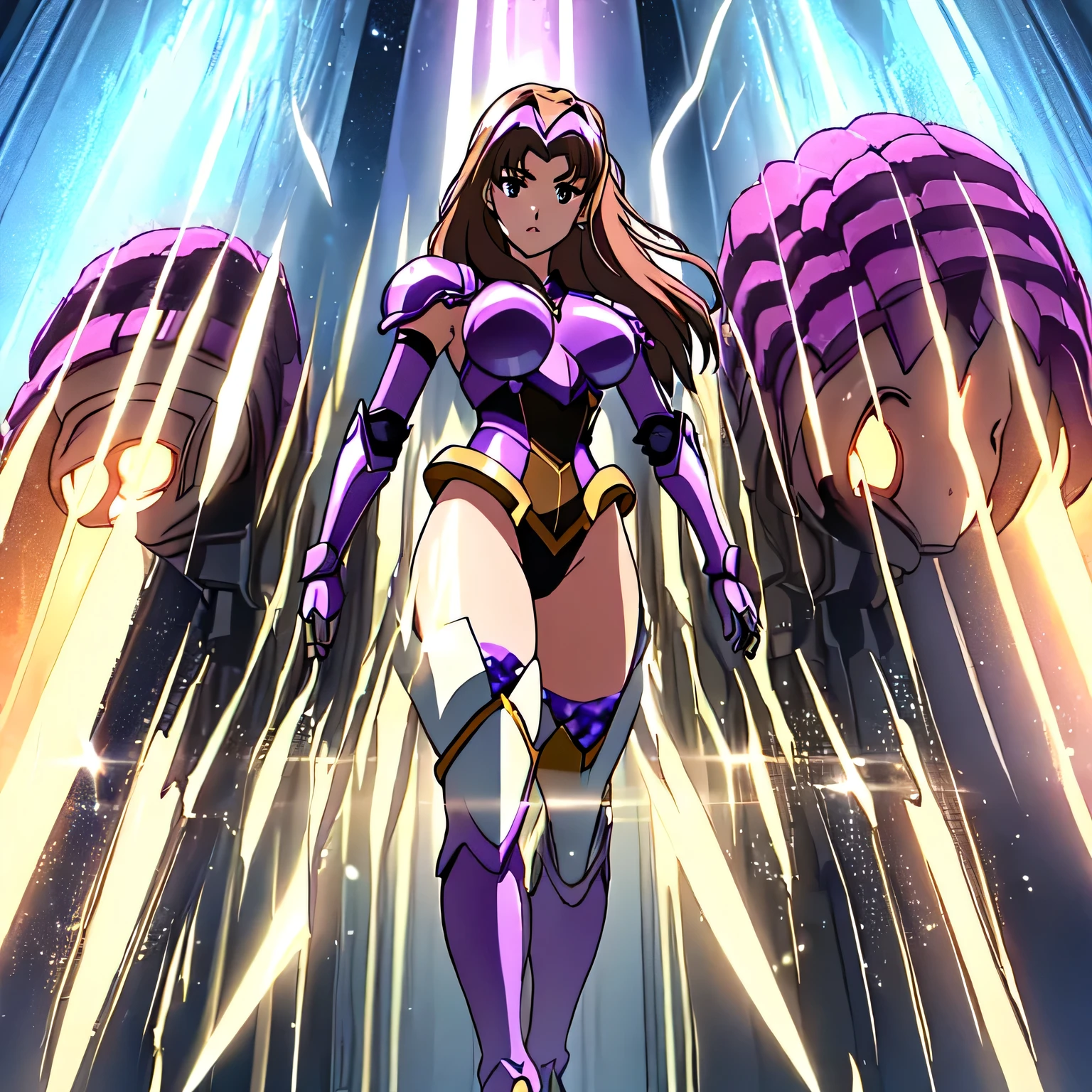  Closeup of a Woman in a Purple Leotard Outfit with a Sword, alone, Knight of the Zodiac Girl,  Portrait of a Zodiac Girl Knight , Woman with long brown hair, Brown eyed woman, feminine and muscular,  Shining Spinel Armor , Boobs,  Big Breasts,  Woman with Very Large Breasts , 魅惑的なQueen Knight ,  Dressed in Light Armor ,  Lady Leotard Armor , breastplate armor, shoulder armor, Galactic Queen,  Crystal Spinel Armor ,  mature woman, Brown pantyhose, Tall, The leotard has a high-cut waist, Adult sex appeal,  High Quality Anime Art Style , Smooth anime CG art, Queen Knight , digital manga art, Female Warrior, Princess of Spinel ,  Spinel Reflective Armor ,