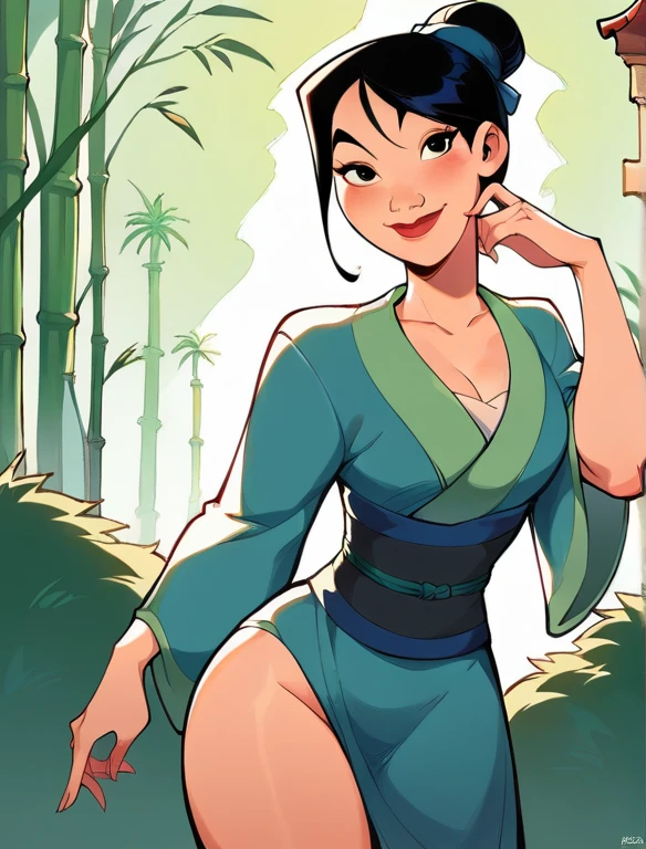  single hair bun, smile, kimono, topknot ,sexually suggestive, no ,medium bust, small waist, Wide hips, muslos gruesos, Look at the viewer, COWBOY SHOT, cartoon, dynamic poses, smile, beautiful, wide angle shot, alone, Chinese temple, bamboo forest,disney, Dutch corner , 1 ,
 