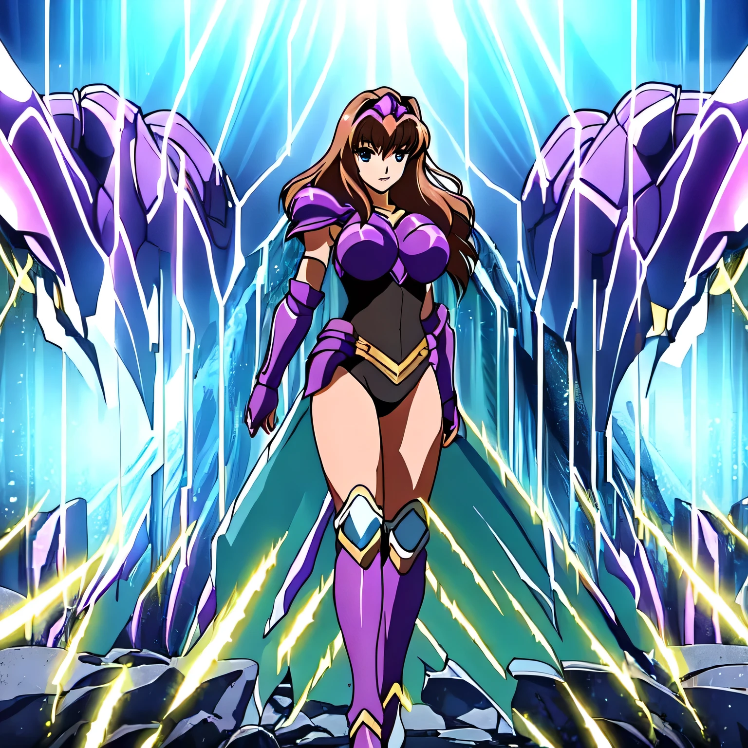  Closeup of a Woman in a Purple Leotard Outfit with a Sword, alone, Knight of the Zodiac Girl,  Portrait of a Zodiac Girl Knight , Woman with long brown hair, Brown eyed woman, feminine and muscular,  Shining Spinel Armor , Boobs,  Big Breasts,  Woman with Very Large Breasts , 魅惑的なQueen Knight ,  Dressed in Light Armor ,  Lady Leotard Armor , breastplate armor, shoulder armor, Galactic Queen,  Crystal Spinel Armor ,  mature woman, Brown pantyhose, Tall, The leotard has a high-cut waist, Adult sex appeal,  High Quality Anime Art Style , Smooth anime CG art, Queen Knight , digital manga art, Female Warrior, Princess of Spinel ,  Spinel Reflective Armor ,