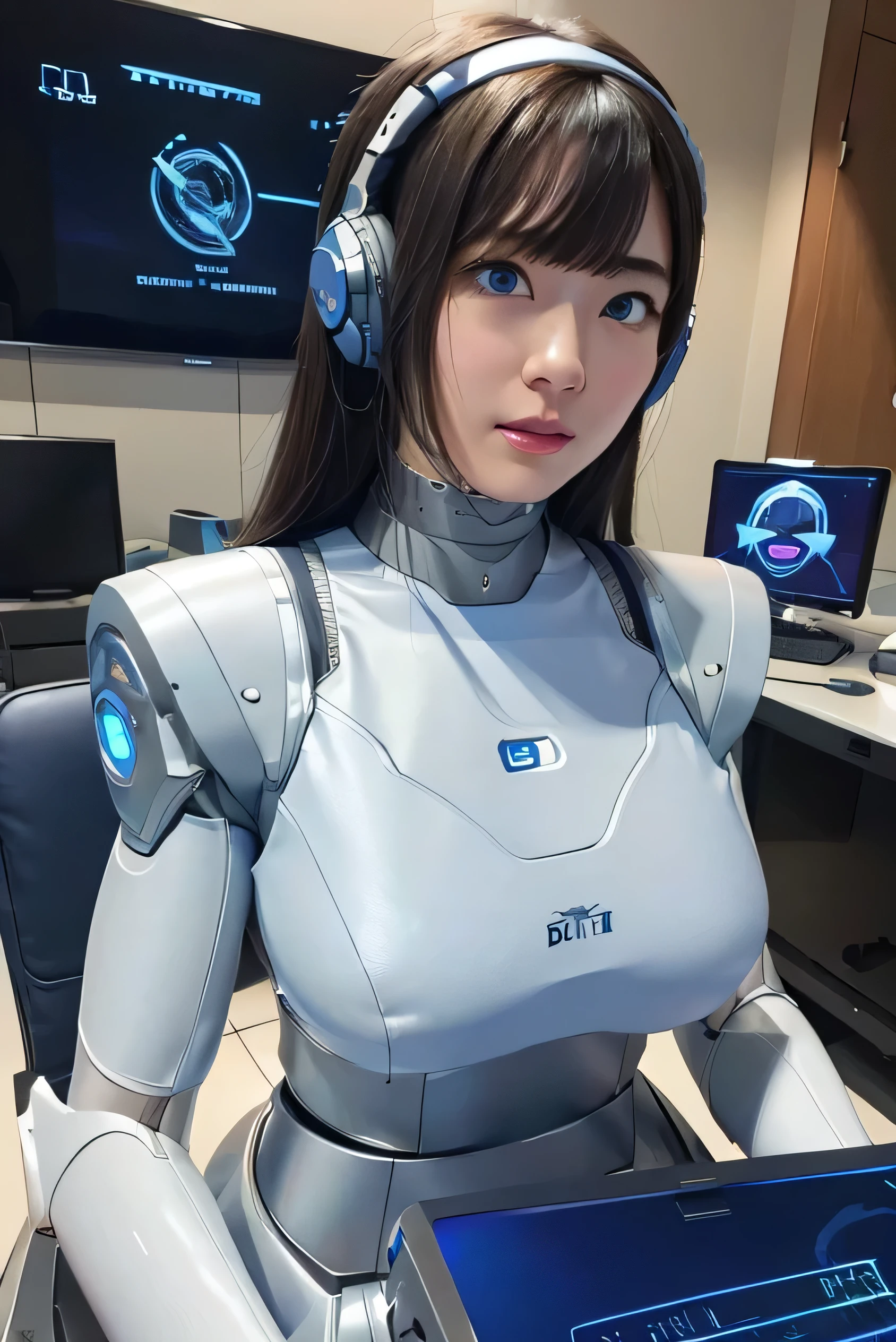 masterpiece, best quality, extremely detailed, Japaese android girl,Plump ,control panels,android,Droid,Mechanical Hand, Robot arms and legs,Blunt bangs,perfect robot girl,white robot body,mechanical neck,long tube,thick cable connected her neck,android,robot,humanoid,cyborg,japanese cyborg girl ,robot-assembly plant,She has assembled now,assembly scene,chest monitor,blue eyes, operator,wearing high-tech headset
