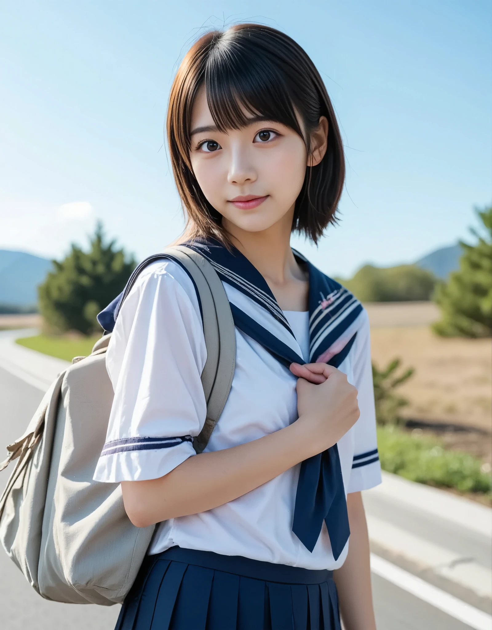  (masterpiece, best quality:1.2), 1girl, Alone, cute, ( idol style super cute face:1.2)、 Beautiful Japanese High School Girls、young, sexy, Large eyes with double eyelids, ( white sailor school uniform,  navy blue pleated skirt:1.2), ((smile)),  carry a school backpack,  very detailed faceと肌の質感、Sophistication、 very detailed face、beautiful girl、Black Hair, Slightly longer bob hair、With bangs、 cute girl 、最高級のbeautiful girl、Shining Eyes, Model Diagram, (Beautiful blue sky and Japanese satoyama scenery),