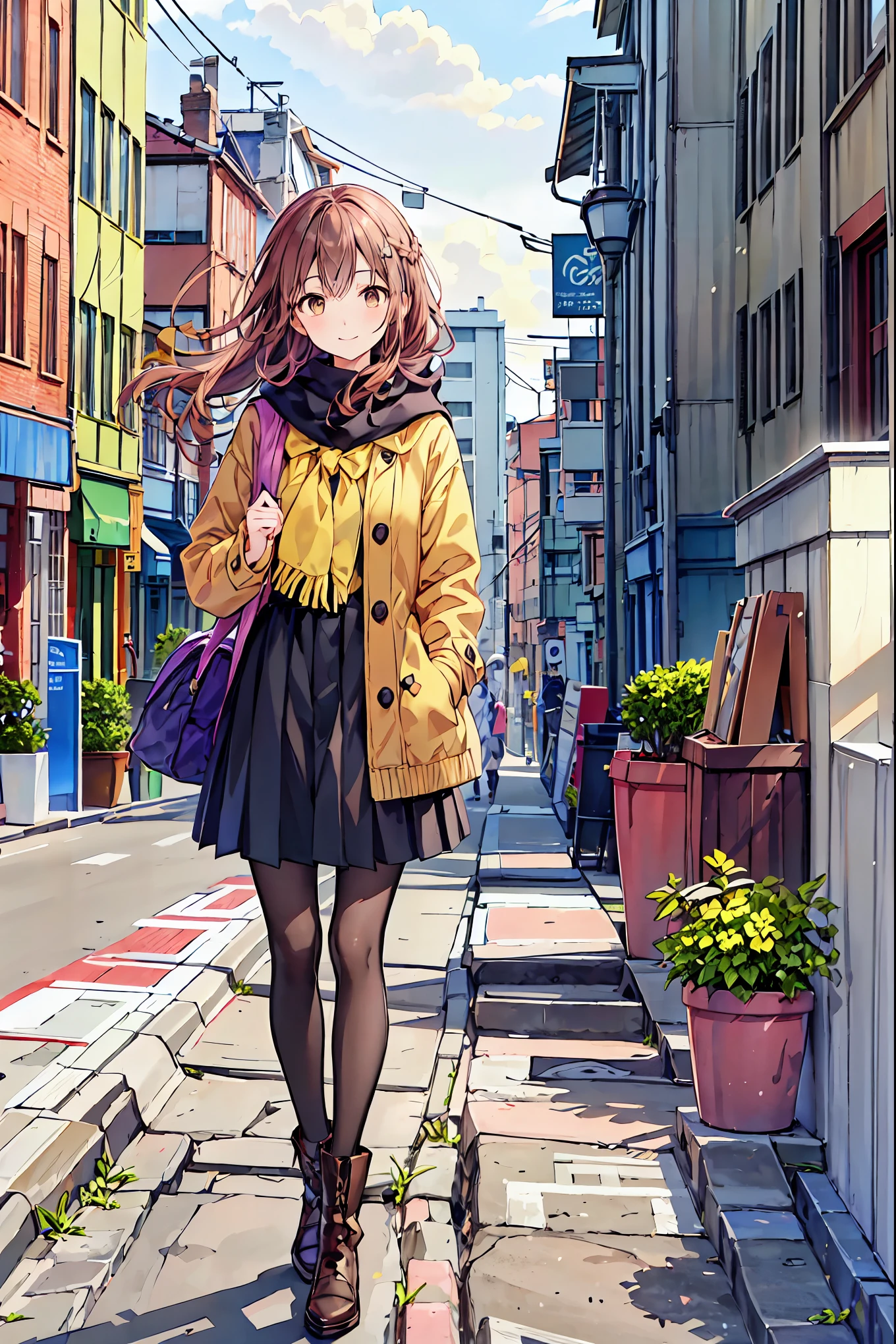 Irohaisshiki, Iroha Isshiki, Long Hair, Short braided hair,  ponytail,Brown Hair, ( Brown Eyes :1.5), smile,yellow scarf,Pink long coat,White Sweater,Long black skirt, black pantyhose ,Short boots,morning日,morning,Campus Life,On the way to school in winter,Cold Sky,that&#39;that&#39;that&#39; It's snowing ,
break outdoors, Around town,ビル街
break looking at viewer,
break (masterpiece:1.2), Best Quality,  High Resolution ,  unity 8k Wallpaper , (shape:0.8), ( beautiful beautiful eyes:1.6),  very detailed face,   perfect lighting ,  Highly detailed CG , (Perfect hands,  Perfect Anatomy),