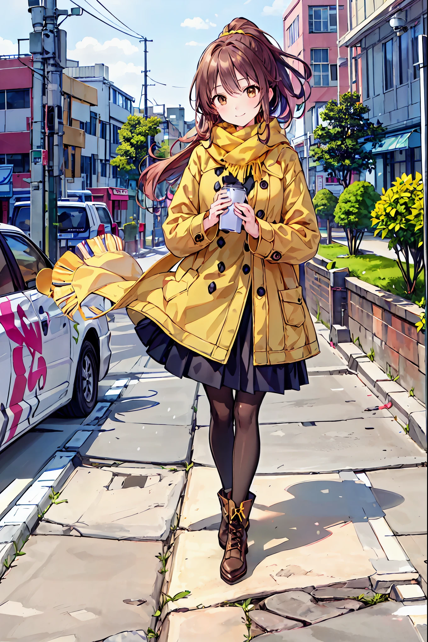 Irohaisshiki, Iroha Isshiki, Long Hair, Short braided hair,  ponytail,Brown Hair, ( Brown Eyes :1.5), smile,yellow scarf,Pink long coat,White Sweater,Long black skirt, black pantyhose ,Short boots,morning日,morning,Campus Life,On the way to school in winter,Cold Sky,that&#39;that&#39;that&#39; It's snowing ,
break outdoors, Around town,ビル街
break looking at viewer,
break (masterpiece:1.2), Best Quality,  High Resolution ,  unity 8k Wallpaper , (shape:0.8), ( beautiful beautiful eyes:1.6),  very detailed face,   perfect lighting ,  Highly detailed CG , (Perfect hands,  Perfect Anatomy),