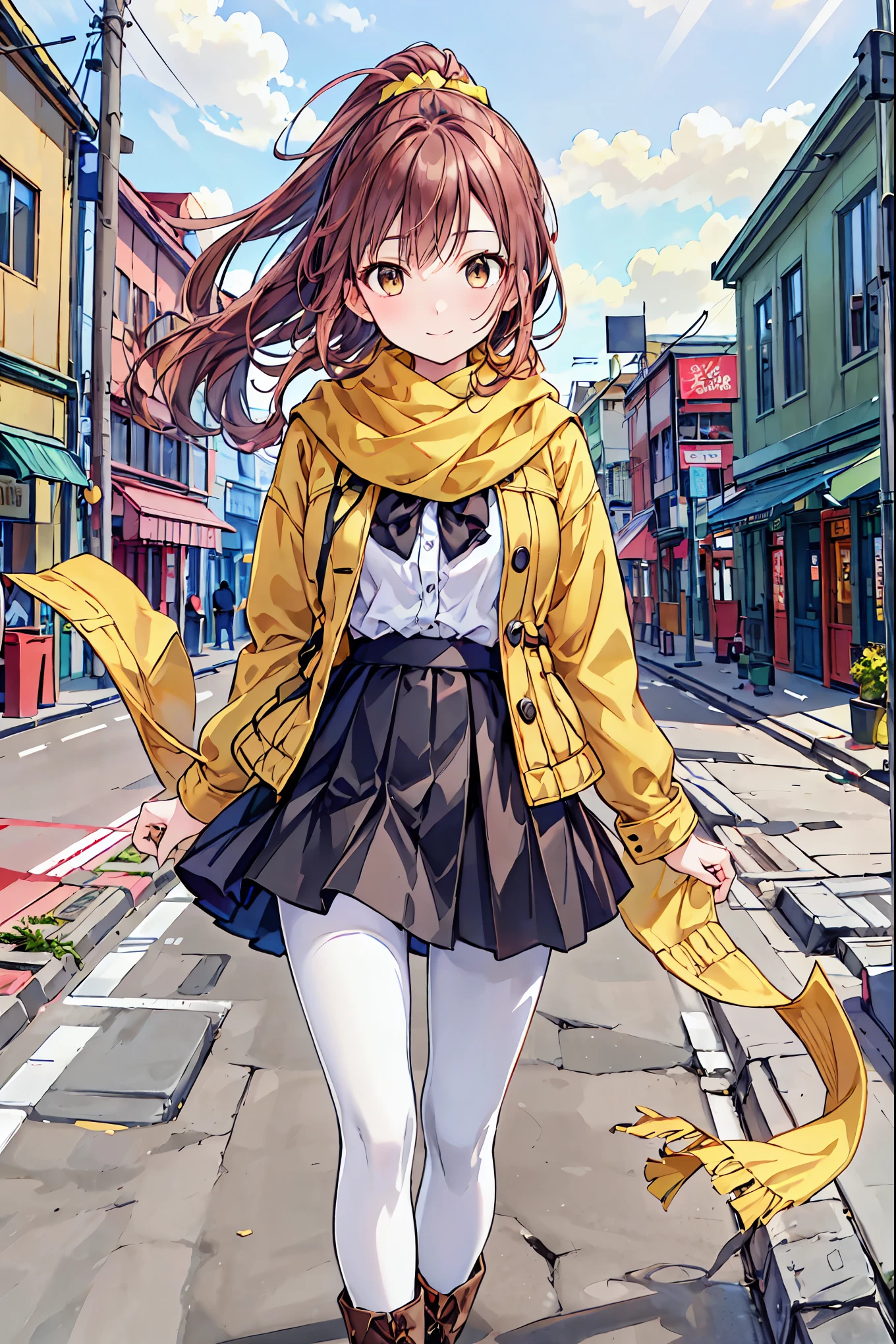 Irohaisshiki, Iroha Isshiki, Long Hair, Short braided hair,  ponytail,Brown Hair, ( Brown Eyes :1.5), smile,yellow scarf,Pink long coat,White Sweater,Long black skirt, black pantyhose ,Short boots,morning日,morning,Campus Life,On the way to school in winter,Cold Sky,that&#39;that&#39;that&#39; It's snowing ,
break outdoors, Around town,ビル街
break looking at viewer,
break (masterpiece:1.2), Best Quality,  High Resolution ,  unity 8k Wallpaper , (shape:0.8), ( beautiful beautiful eyes:1.6),  very detailed face,   perfect lighting ,  Highly detailed CG , (Perfect hands,  Perfect Anatomy),