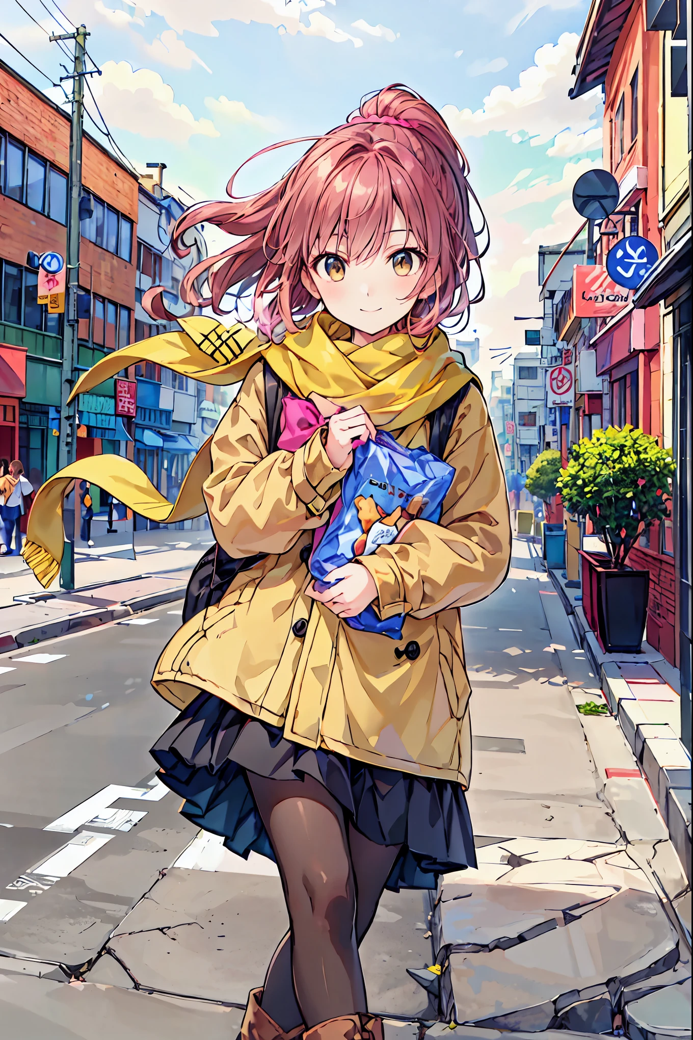 Irohaisshiki, Iroha Isshiki, Long Hair, Short braided hair,  ponytail,Brown Hair, ( Brown Eyes :1.5), smile,yellow scarf,Pink long coat,White Sweater,Long black skirt, black pantyhose ,Short boots,morning日,morning,Campus Life,On the way to school in winter,Cold Sky,that&#39;that&#39;that&#39; It's snowing ,
break outdoors, Around town,ビル街
break looking at viewer,
break (masterpiece:1.2), Best Quality,  High Resolution ,  unity 8k Wallpaper , (shape:0.8), ( beautiful beautiful eyes:1.6),  very detailed face,   perfect lighting ,  Highly detailed CG , (Perfect hands,  Perfect Anatomy),