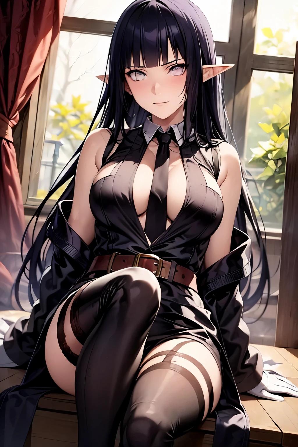 A female elf anime character sitting on a throne with her face resting on one hand with a serious and penetrating look. Young and serene in appearance with long, below-the-shoulder length, wavy, dark black hair, with an asymmetrical hairstyle that partially covers one side of her face, her right eye is covered by her hair. His eyes are an intense green color. He wears black clothing including a long, dark trench coat with long sleeves and wine red suit pants. The trench coat has a belt tied at the waist, which fastens at the front. He has a white button-down shirt and a small closed wine red vest. He wears gloves, knee-high boots and a tie, all three black. The posture and facial expression suggest that she is ready for a battle or quick action. She is tall and serious. That represents light and darkness.