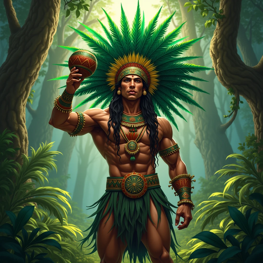 Hops in the hands of an indigenous warrior god powered by green jaguars in a mythological temple 