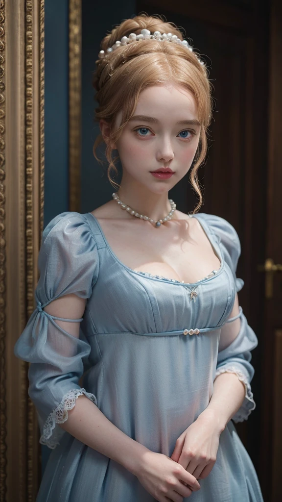 A beautiful young lady of 19 years old with blue eyes and strawberry blonde hair in curls in an updo on the top of her head and woven with pearls. She is wearing a pale blue Regency style high waisted gown over a pale primrose silk underdress edged in blue satin plaiting and a fall of blonde lace around the square neckline in a pleated ruffle. The sleeves are short and puffed. In the style of a Victorian era portrait.