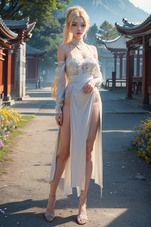 1girl, standing, facing the camera head-on, full body portrait, wearing a gorgeous evening gown, showing snow-white thighs, exposing shoulders and arms, and wearing gorgeous high heels, Full body portrait, stunningly beautiful, dynamicposes, (Frontal view), renowned for its ability to create a shallow depth of field and beautiful bokeh, blurred background that accentuates the girl and the temple's exquisite architecture, Milky white, highdetailskin, Realistic skin details, Fair skin, 4k textures, soft cinematic light, intricate details, highly detailed, sharp focus, soothing tones, exposure blend, hdr, faded, hyperdetailed, backlighting, best quality, (photorealistic:1.2), (blonde, green eyes, bob hair)