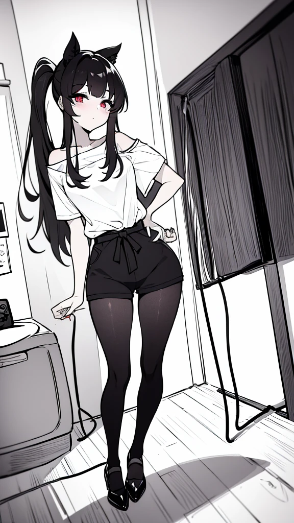 using pantimedies, wavy black hair, piercing look with deep red eyes, average stature, Waist length hair, Silky hair with a ponytail hairstyle collected with a red bow with two white lines, has a vagina, has breasts, cup of breasts, small breasts, slim, foreground, Session, sitting in her room, standing in his room, wearing pantyhose, using pantimedies, Picardias, neckline, looking at the viewer, lascivious smile, ((oversized t-shirt)), off the shoulders, without pants, washing machines, thighs, ((White T-shirt)), standing, hands on the hips,, shoes, blush, from below, thighs gorditos, thighs grandes, big ass