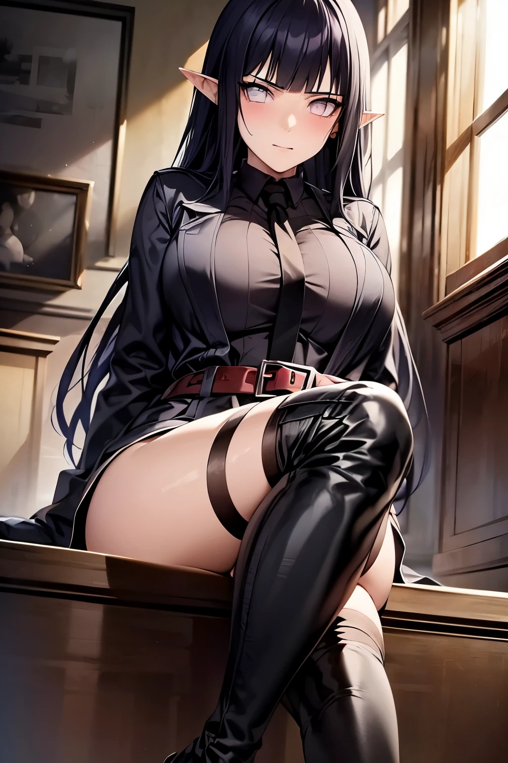 A female elf anime character sitting on a throne with her face resting on one hand with a serious and penetrating look. Young and serene in appearance with long, below-the-shoulder length, wavy, dark black hair, with an asymmetrical hairstyle that partially covers one side of her face, her right eye is covered by her hair. His eyes are an intense green color. He wears black clothing including a long, dark trench coat with long sleeves and wine red suit pants. The trench coat has a belt tied at the waist, which fastens at the front. He has a white button-down shirt and a small closed wine red vest. He wears gloves, knee-high boots and a tie, all three black. The posture and facial expression suggest that she is ready for a battle or quick action. She is tall and serious. That represents light and darkness.