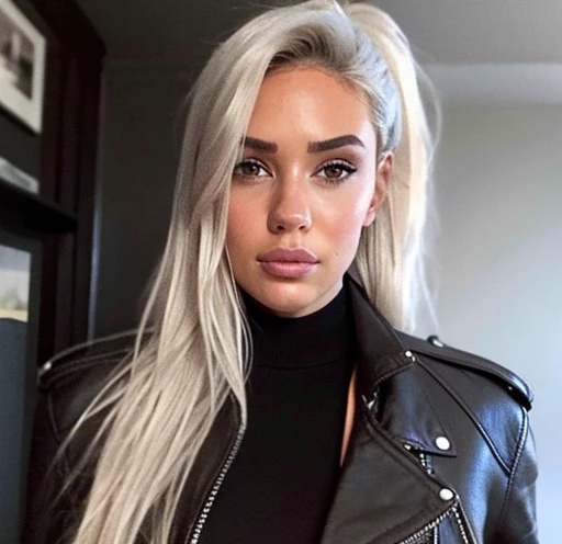 8k portrait of a girl, AlanahPearce, white hair, brown eyes, high ponytail, big natural breasts, 
, ((leather jacket))
, (masterpiece: 1.4), extremely detailed skin,, (looking at viewer), (upper body:0.8), (close-up:0.8), (photorealistic:1.2)
, beautiful detailed eyes, sharp focus, glowing eyes, detailed 4k eyes, dark bedroom background,  dark theme, night, advntr, bedroom
,