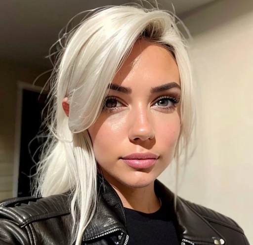 8k portrait of a girl, AlanahPearce, white hair, brown eyes, high ponytail, big natural breasts, 
, ((leather jacket))
, (masterpiece: 1.4), extremely detailed skin,, (looking at viewer), (upper body:0.8), (close-up:0.8), (photorealistic:1.2)
, beautiful detailed eyes, sharp focus, glowing eyes, detailed 4k eyes, dark bedroom background,  dark theme, night, advntr, bedroom
,