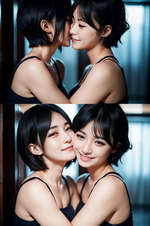 2Japanese beautiful girl、Barely、short hair、Black Hair、Professional Lighting、Detailed skin texture、Ultra HD、Lesbian、Women hugging each other、Looks 18、Kiss the nape of the neck、Ecstatic expression、Kiss on the neck