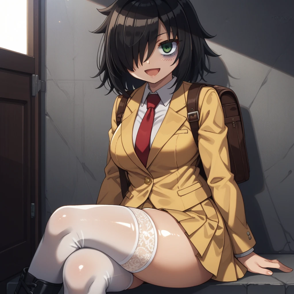 score_9, score_8_up, score_7_up,, solo, source_anime, tomokoxl, bags under eyes, hair over one eye black hair, medium hair, school uniform, red necktie, yellow skirt, short skirt, pleated skirt, yellow jacket, standing, cowboy shot, sitting, crossed legs, thick thighs, shiny skin, focus in crossed legs, underwear, white underwear, shiny underwear, lace underwear, white lace underwear, shiny lace underwear, panties, white panties, shiny panties, only crossed legs pose, sexy crossed legs, perfect crossed legs, sexy legs, big thighs, oiled thighs, oiled legs, smile, open mouth, glowing green eyes, evening time, dark room, breast, big breast, thigh highs, white thigh highs, lace thigh highs, heel ankle boots, black heel ankle boots, short boots, black short boots, backpack, leather backpack, brown backpack, focus in crossed legs, focus in legs,