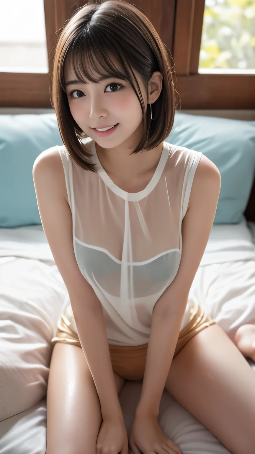 NSFW、highest quality、8K、no makeup、masterpiece、clear pictures、ultra high resolution、professional lighting、Natural light、smile、super slender、delicate body、A cute boy:1.6、baby face、small breasts、white skin、short bob cut、brown hair、Wearing a wet white shirt:1.6、man in white panties、full body shot:1.6