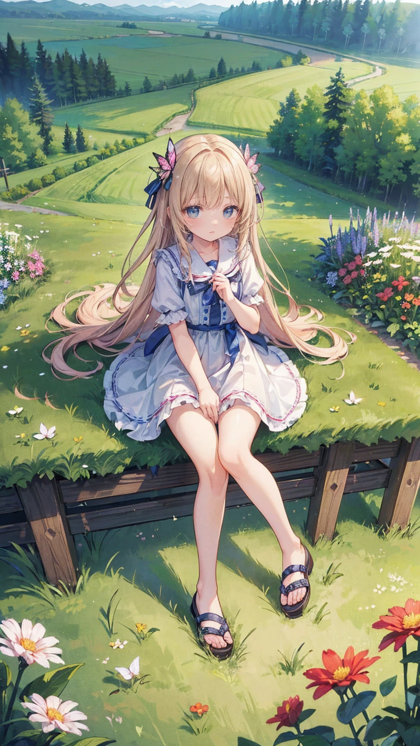 (masterpiece: 1.2), ( very detailed: 1.2), ( very detailed CG: 1.2), (High image quality: 1.2), (最High image quality), 8k,  anime illustration, Girl sitting in a flower field, Butterflies with a slightly sad expression々View、((There&#39;Butterflies on my fingers 々))、Butterflies fluttering々dance、Beautiful work
