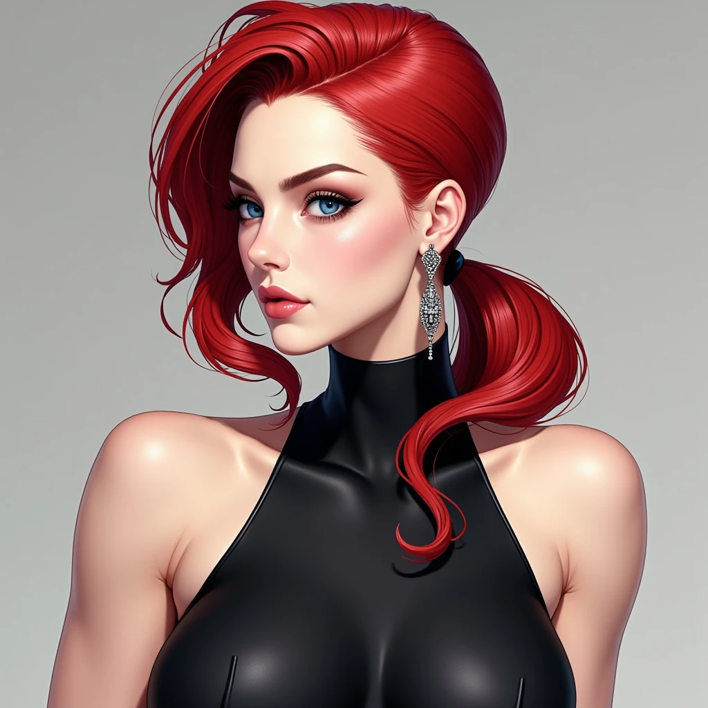 A woman with black sleeveless catsuit with bare shoulders, beautiful face, red long ponytail, earrings, soft smooth skin, pale skin, blue eyes, muscular arms