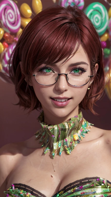 portrait, close-up,  upper body . Short, red hair, green eyes,  metal-framed glasses , green strapless dress, joyful smile, cheerful girl . (masterpiece, top quality,  better quality,  official art , beautiful and aesthetically pleasing:1.2),  is extremely detailed,(fractal art:1.2),Colorful,The most detailed, (dynamic pose), (candy background :1.5), ( Lots of candy wrappers :1.4). ((SPLIT. Skin texture, shiny skin. elegance. photorealism. unreal engine. 3D model.  Ultra high quality textures.  high detail . permission 8k))