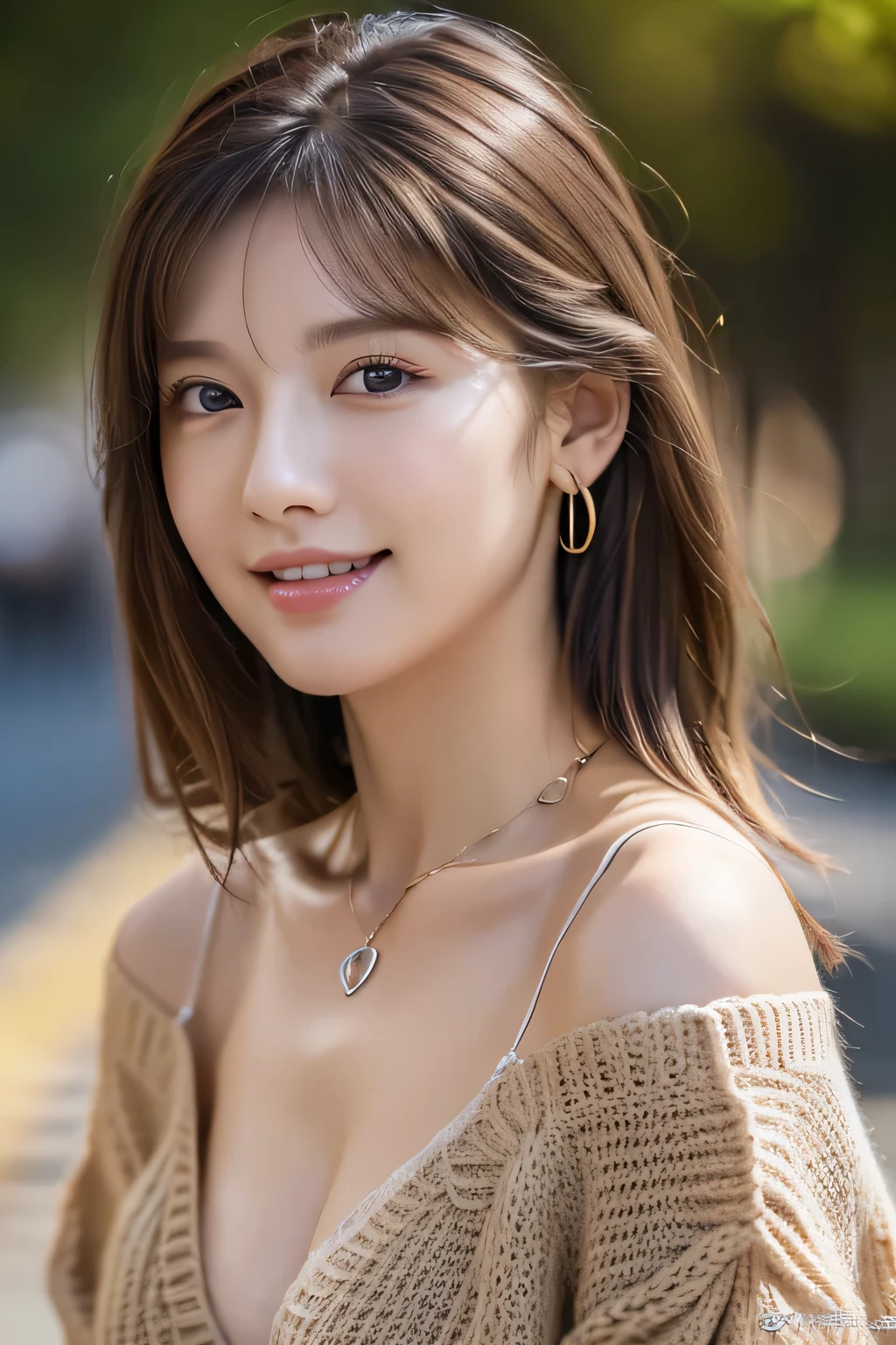 ((highest quality)), ((masterpiece)), (detailed), Perfect Face、Perfect body、Light brown hair、Beautiful Skin、Cleavage、girlfriend on date、Russian Beauty、(masterpiece:1.3), (8k, Photorealistic, Raw photo, Best image quality: 1.4), (Random Hairstyles:1.2)、Cleavage:1.2、Super detailed face、Attention to detail、double eyelid、Put your chest together、Sharp focus:1.2、Beautiful woman:1.4、Light brown hair、highest quality、masterpiece、超A high resolution、(Photorealistic:1.4)、Very detailed and professionally lit smiles、Loose, lightweight knitwear、Shoulders out、thin、Serious expression、Deadly position ,amazing, dynamic production ,(RAW Photos, Best Quality), (Realistic, photo-Realistic:1.4), masterpiece, (Very delicate and beautiful), Very detailed, 2k wallpaper, wonderful, In detail, Very detailed CG unity 8k wallpaper, Super detailed, High resolution, Soft light, Beautiful detailed girl, Very detailed eyes and face, Beautifully detailed nose, Beautiful detailed eyes,Perfect Anatomy,Slender body,smile  、((Erotic,errings))  ,((necklace jewelry)), ((erotic cheoker)) 