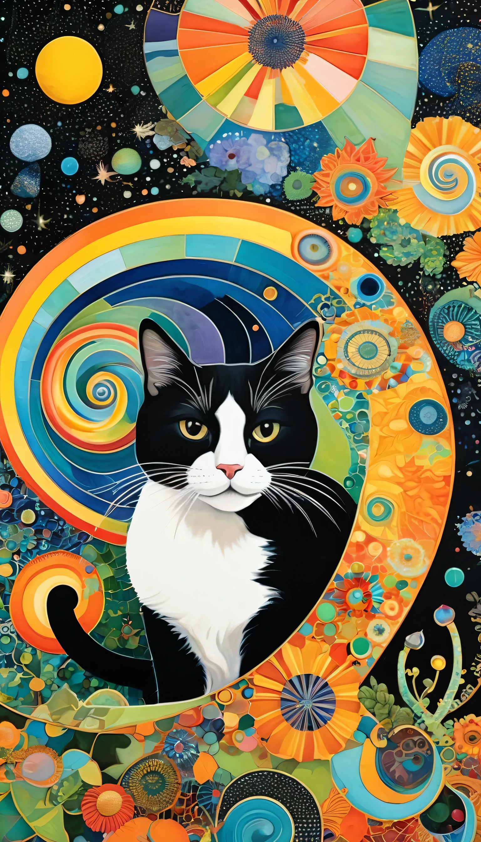 Mucha、 1 snail hut , star artist , artist of the sun 、Colorful Black, world of colors , dopamine ,cat、diatom , abstract mosaic painting , depicting the inner world of autistic people,Spatial Sense,blank,Innocence, psychedelic art , black overlay 、Best Quality