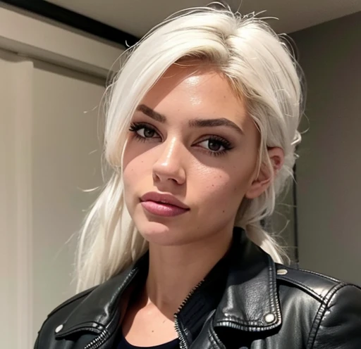 8k portrait of a girl, AlanahPearce, white hair, brown eyes, high ponytail, big natural breasts, 
, ((leather jacket))
, (masterpiece: 1.4), extremely detailed skin,, (looking at viewer), (upper body:0.8), (close-up:0.8), (photorealistic:1.2)
, beautiful detailed eyes, sharp focus, glowing eyes, detailed 4k eyes, dark bedroom background,  dark theme, night, advntr, bedroom
,