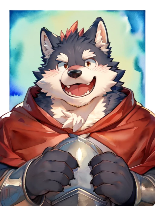 Scribble Wolf face, ((cute)), Anthro(Wolf), ( grayish black fur :1.2),  by Arashi Takemoto , White Beard, White abdomen, (Knight Costume,  long red cherry cloak from Kamyuel), (close:1.5),  by Kamyuel , kamyuel より, by milkytiger1145, by 96panda, Generous Smile, happy,  open your mouth, (watercolor \(Medium\),  comic style :1.2),Front View, Face Focus, Abstract background,  Fantasy , Various colors, colorful, 
  embarrassing face penis 