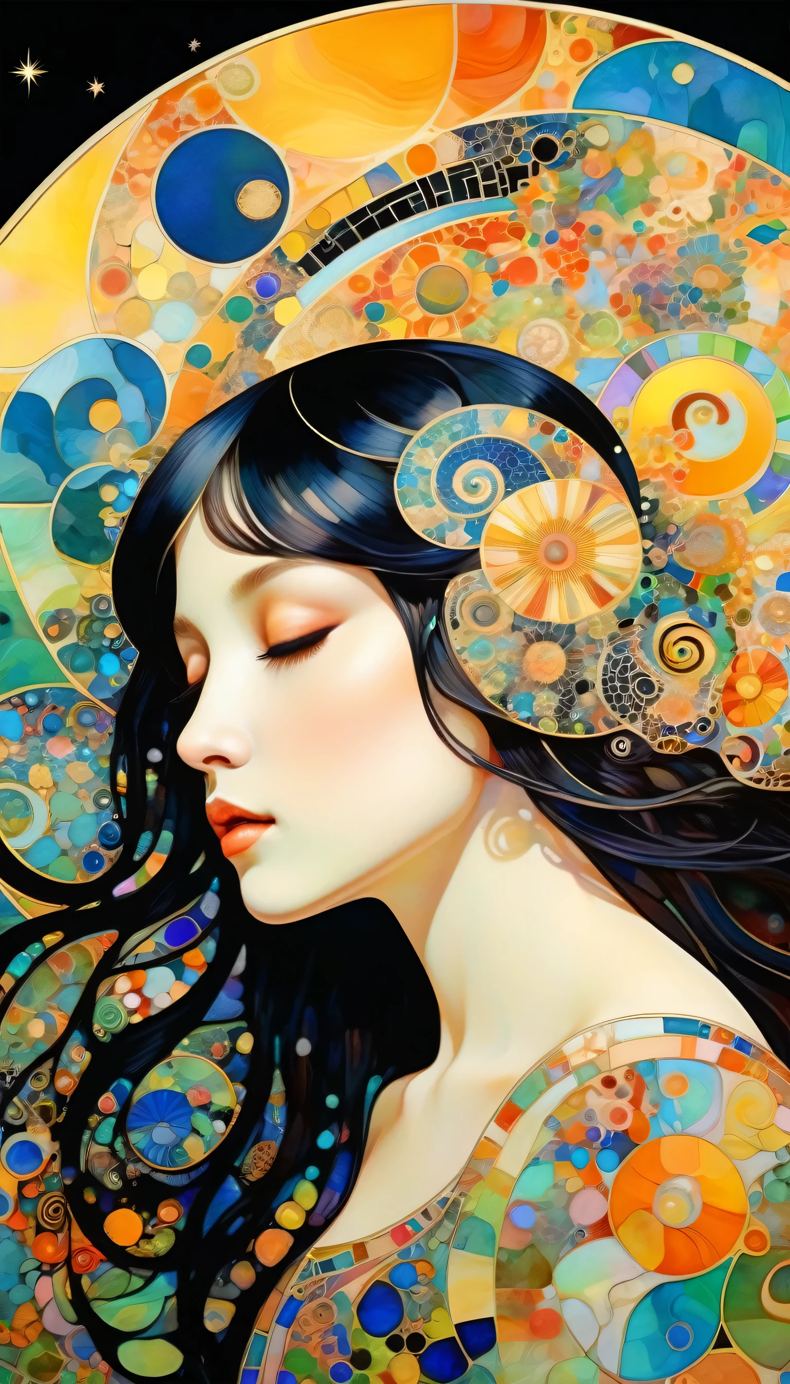 Mucha、 1 snail hut , star artist , artist of the sun 、Colorful Black, world of colors , dopamine ,Sleeping beautiful girl、Long Hair、diatom , abstract mosaic painting , depicting the inner world of autistic people,Spatial Sense,blank,Innocence, psychedelic art , black overlay 、Best Quality
