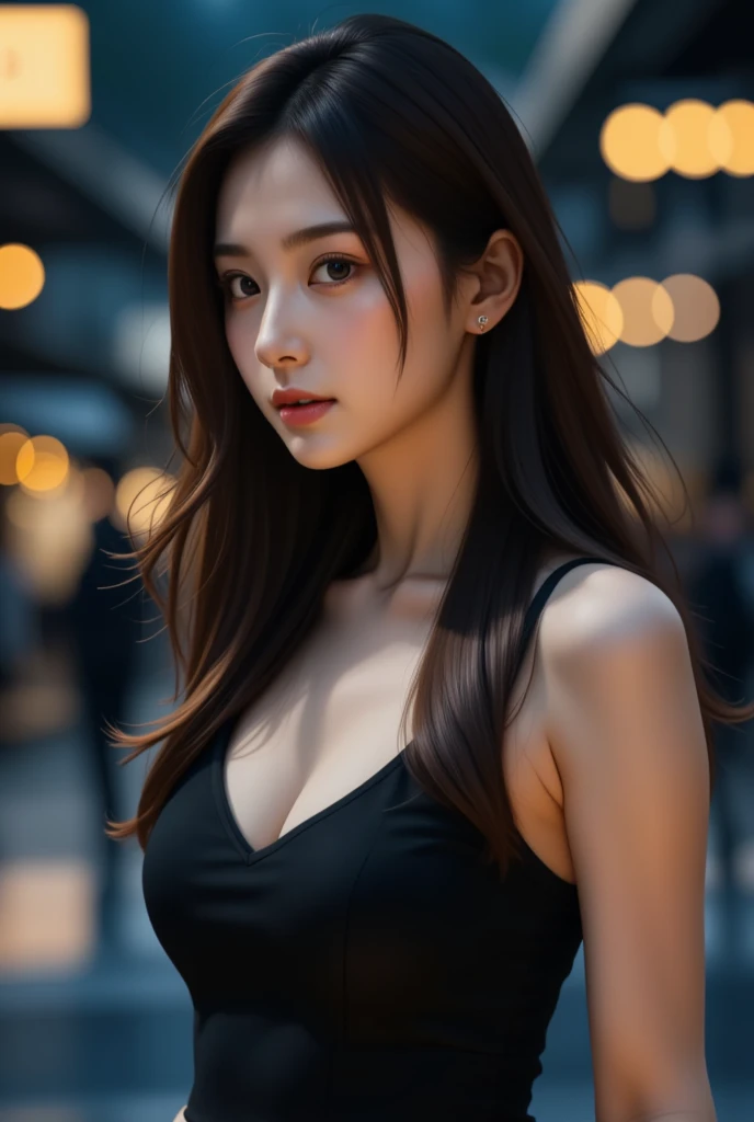 masterpiece, 8k, high resolution, high quality, ultra-detailed, beautiful face, epic lighting, dynamic pose, glowing skin, bokeh, realistic, Softly lit, 1girl portrait in a melancholic atmosphere: a Korean beauty with an exquisite, heart-shaped face and radiant, glowing skin. She stands with a poignant, dynamic pose, her slender frame silhouetted against a blurred bokeh background. The ultra-detailed, high-resolution image captures every nuanced detail of her features, from the delicate eyebrows to the soft, pink lips. In the midst of sorrow, her beauty shines like a beacon, drawing us in with its realism and poignancy.