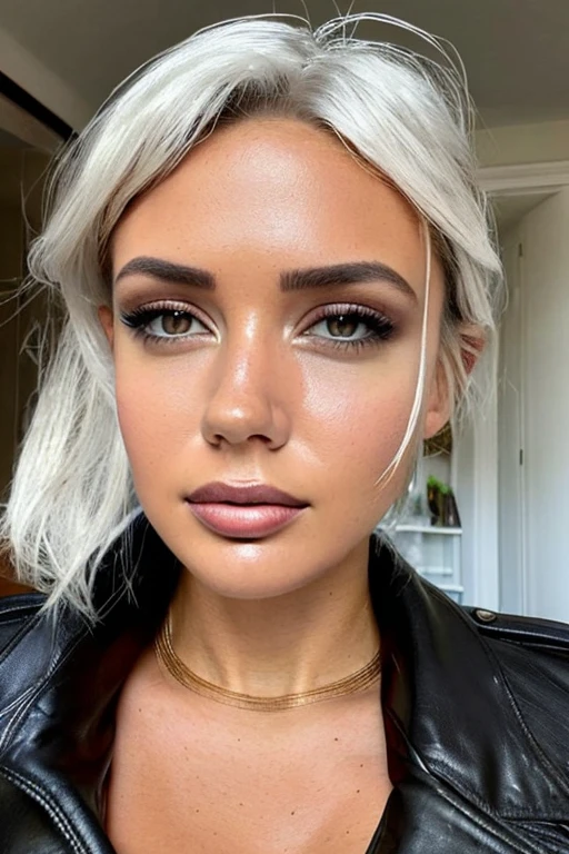 8k portrait of a girl, AlanahPearce, white hair, brown eyes, high ponytail, big natural breasts, 
, ((leather jacket))
, (masterpiece: 1.4), extremely detailed skin,, (looking at viewer), (upper body:0.8), (close-up:0.8), (photorealistic:1.2)
, beautiful detailed eyes, sharp focus, glowing eyes, detailed 4k eyes, dark bedroom background,  dark theme, night, advntr, bedroom
,