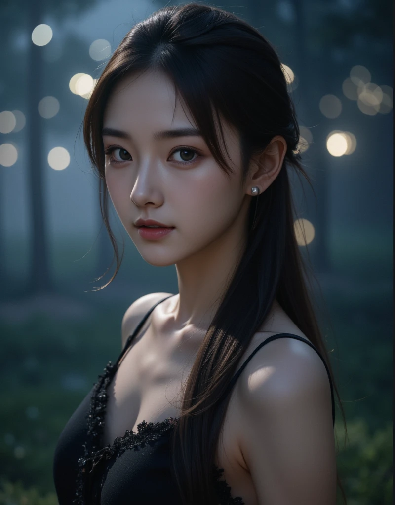 masterpiece, 8k, high resolution, high quality, ultra-detailed, beautiful face, epic lighting, dynamic pose, glowing skin, bokeh, realistic, In a dimly lit, mist-shrouded forest, a stunning Korean beauty stands alone, her delicate features illuminated by an ethereal glow. Her porcelain skin radiates a soft luminescence, as if infused with an otherworldly essence. Her raven tresses cascade down her back like a dark waterfall, framing the contours of her heart-shaped face. Her eyes, pools of deep sorrow, seem to hold a thousand unspoken secrets. The bokeh effect surrounding her creates a dreamy aura, as if she's a siren luring viewers into a realm of melancholy beauty.